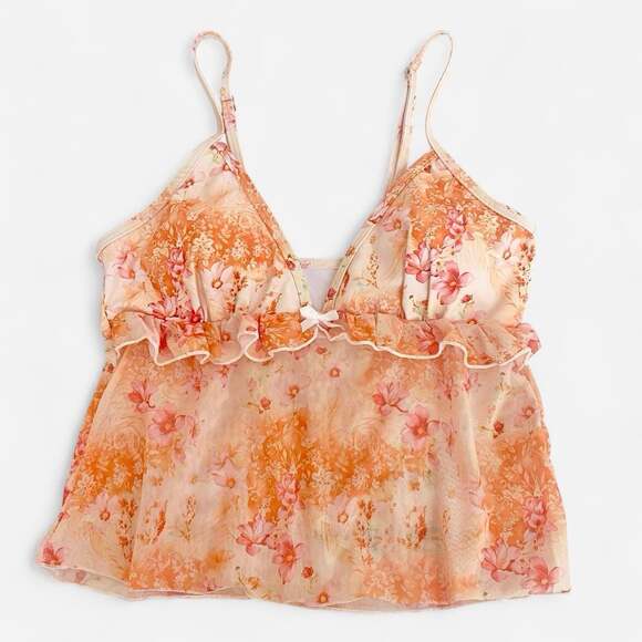 Other Other - orange bikini top with floral print, ruffles, and bow